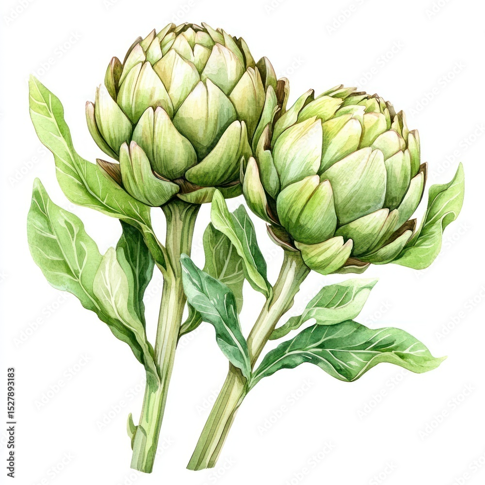 Fototapeta premium Two artichokes with vibrant green leaves