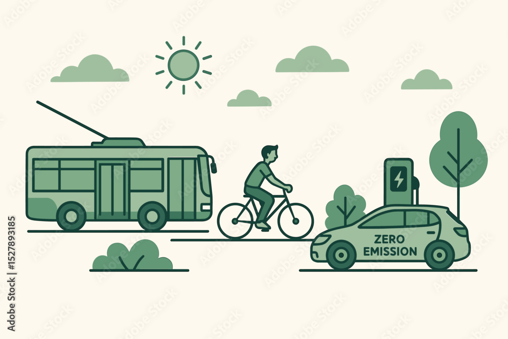 Eco-friendly urban transport concept with electric car, bicycle, and trolleybus. Zero emission sustainable mobility vector illustration. Green energy and city transportation scene.