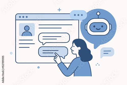 Chatbot concept vector illustration. Woman user communicates with AI virtual assistant. Customer service and support robot on website. Online chat technology and dialogue concept.