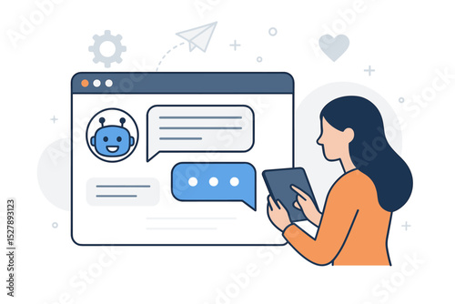 Woman chatting with AI chatbot on tablet. Online customer service and support concept with virtual assistant robot. Web integration for website help, FAQ and dialogue. Technology.