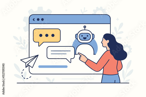 Woman talking to chatbot on website. AI virtual assistant for customer support. Online chat bot conversation for user help. Modern technology and communication vector illustration.
