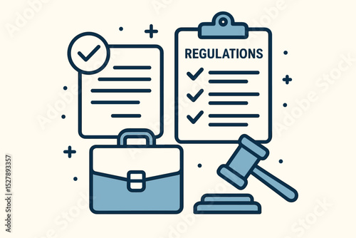 Metaphor legal compliance. Regulations and policy concept. Corporate law and justice. Gavel, approved document, checklist icons. Business standards. Legal framework vector art.