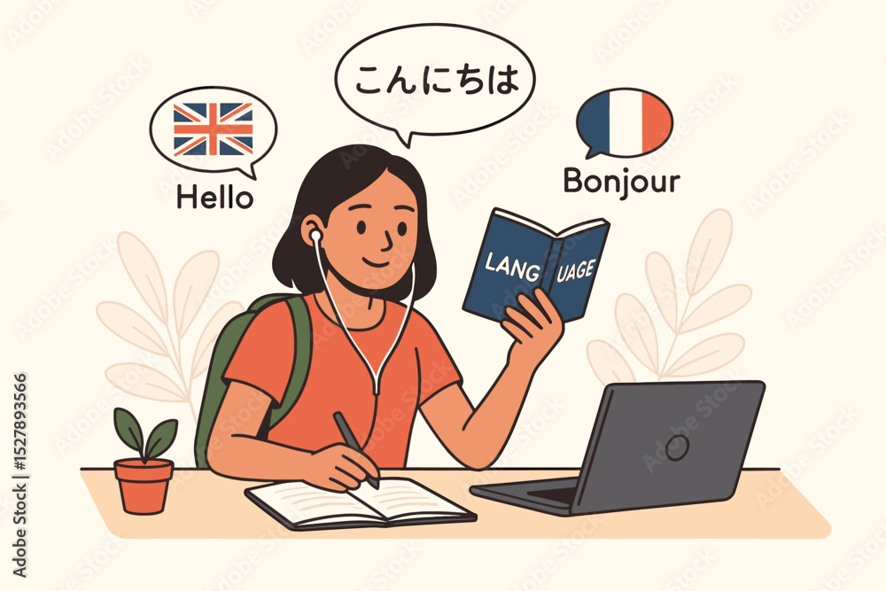 Language learning concept illustration. Student girl studying foreign languages online. E-learning, distance education, webinar. Learning English, Japanese, French. Multilingual school vector. Language learning concept illustration. Student girl studying foreign languages online. E-learning, distance education, webinar. Learning English, Japanese, French. Multilingual school vector.
