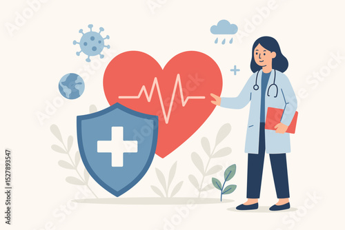 Female doctor with stethoscope presenting heart health. Cardiology and medical insurance concept. Shield protecting heart with ECG cardiogram. Global healthcare and virus defense.