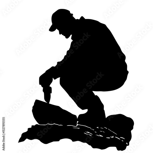 a black silhouette of a hiker with a backpack crouching on a rock backpack, black, hiker, man, person, rock, silhouette, stone , Generative art.