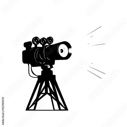black silhouette of a camera on a tripod with a telescope on a white background illustration black, camera, icon, illustration, silhouette, telescope, tripod, video camera , Generative art.