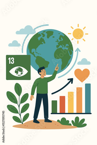 SDG Goal 13 Climate Action concept. Man points at globe showing environmental progress on chart. Sustainable development, ecology, green future, and planetary care vector illustration.