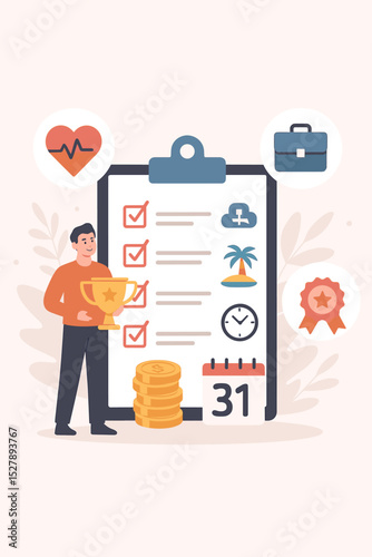 Workplace benefits and perks illustration. Employee satisfaction with compensation package. Health insurance, paid time off, financial bonus, career growth and work-life balance.