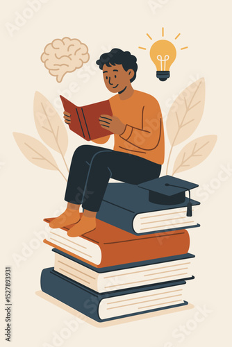 Lifelong learning and education concept. Student reads a book on a stack of books. Brain for thinking, light bulb for new ideas. Knowledge, self improvement, personal growth.