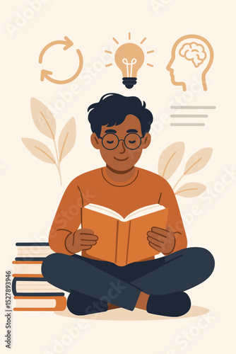Lifelong learning concept vector illustration. Man reading book for continuous education, self improvement, and knowledge acquisition. Idea, mental growth, upskilling, development.