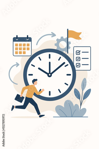 Time management concept. Businessman running against time. Fast task management, productivity, efficiency. Deadline rush, project planning, scheduling with a clock, calendar, checklist.