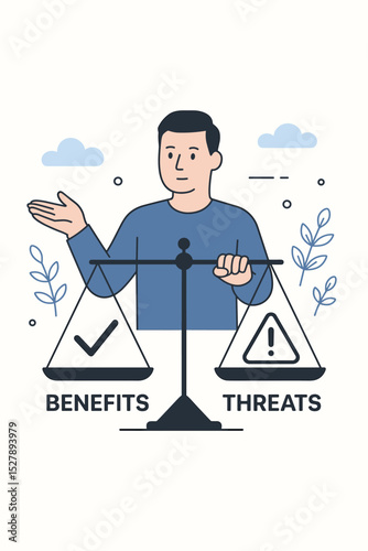 Man holding a balance scale, weighing benefits versus threats. Concept of decision making, comparing pros and cons, risk assessment and strategic choice. Business analysis vector.