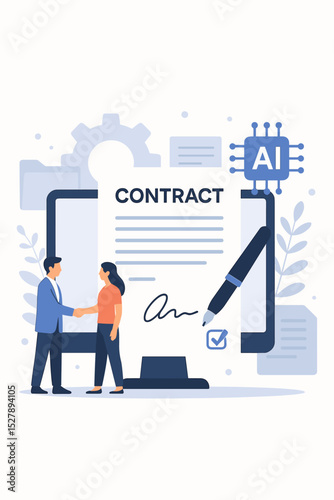 AI powered digital contract and electronic signature concept. Business people shaking hands to seal a deal. Partnership agreement and online document signing technology vector.