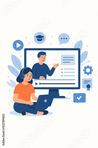 Online education and e-learning concept. Student with headphones watching video lesson on computer. Remote learning platform with teacher for webinar, online course, distance education.