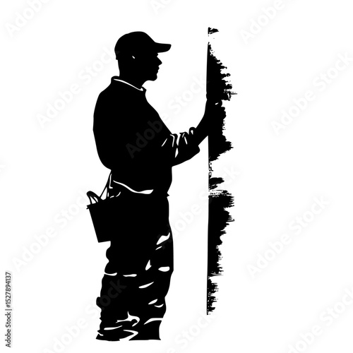 a black silhouette of a man standing next to a wall with a flag on it black, flag, man, sign, silhouette, soldier, stand, tree, wall , Generative art.