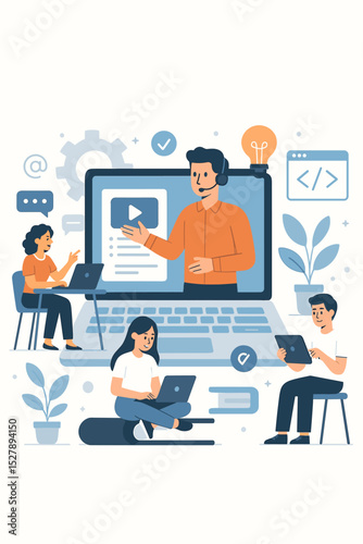 Online education and remote learning platform concept. Teacher on laptop screen conducts a webinar. Students using computers for e-learning, online courses, and virtual training.