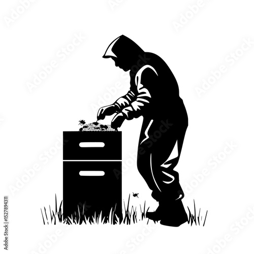 a black silhouette of a person tending to bees on a white background bee, black, grass, illustration, man, person, silhouette , Generative art.