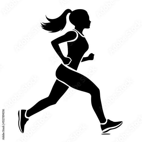 black silhouette of a woman running in a white background black, female, girl, run, run in, silhouette, woman , Generative art.