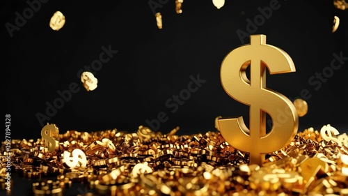 Golden currency signs falling onto pile of money symbols on a black background, financial success and wealth accumulation