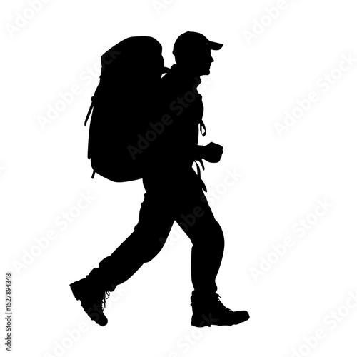 a black and white silhouette of a man or woman with a backpack walking backpack, black, hiker, man, silhouette, traveler, walk, woman , Generative art.