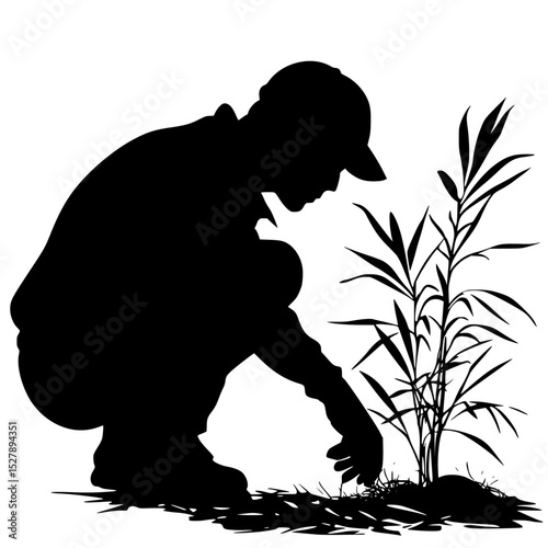 a black silhouette of a man planting grass black, gardener, grass, man, person, plant, silhouette , Generative art.