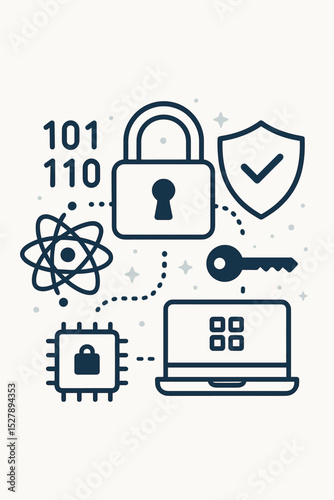 Quantum data security and cybersecurity concept. Vector line art illustration with quantum computing icons like padlock, shield, key, chip, atom, and binary code for protection.