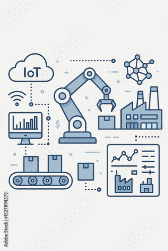 Industrial automation and Industry 4.0 concept. Smart factory with robotic arm, conveyor belt and IoT network. Technology for manufacturing, production, logistics, data analysis.