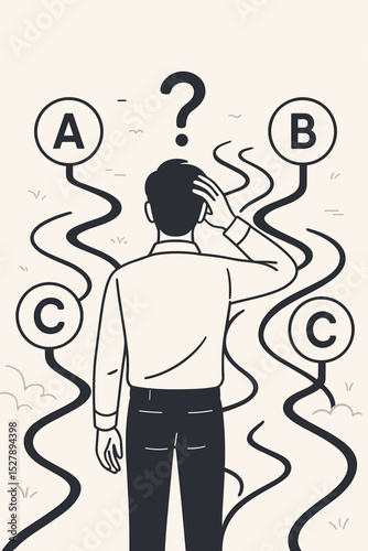 Confused man at a crossroads making a difficult choice about his future path. Concept of business decision, strategy, dilemma, and uncertainty. Choosing between different options.