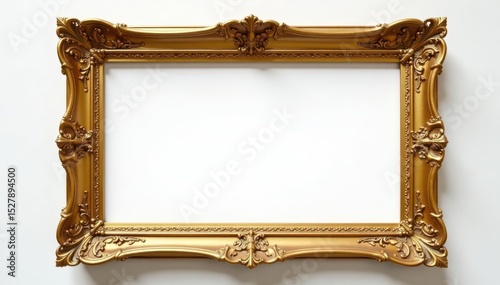 Elegant gold frame, ornate details, white backdrop, display, art deco