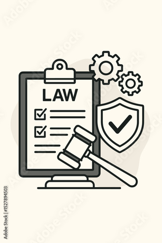 Law and justice concept vector illustration. Legal document, compliance checklist, and judge gavel. Regulation, policy, and protection symbol with shield and gears. Court system icon.