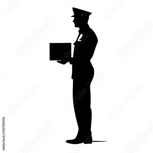 a black silhouette of a police officer in uniform holding a box in his hands black, box, hand, hat, hold, man, police officer, silhouette, stand, uniform , Generative art.
