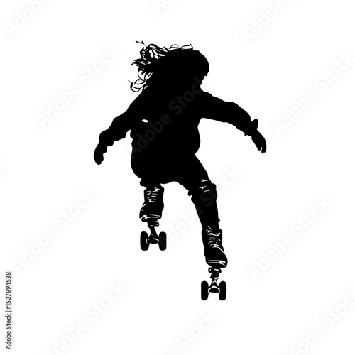 a black and white silhouette of a young child riding a skateboard black, child, girl, jump, kid, ride, silhouette, skateboard, skateboarder, young , Generative art.