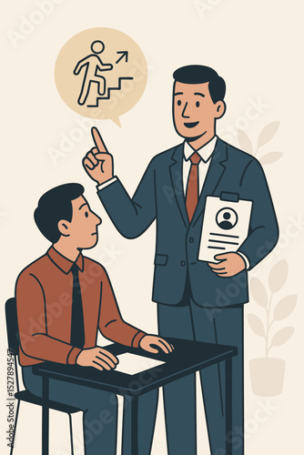 Business mentor coaching an employee for professional development and career growth. Manager giving advice for promotion. HR consultation with career path stairs icon. Vector concept.