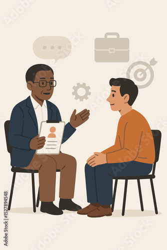 Career guidance and counseling concept. Mentor or HR manager interviewing a young candidate. Job search, recruitment, professional coaching, goal setting for career path development.