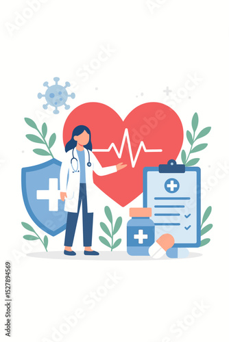 Female doctor explains heart health. Cardiology concept with cardiogram, protection shield, medical diagnosis on clipboard, pills and virus icon. Healthcare vector illustration.