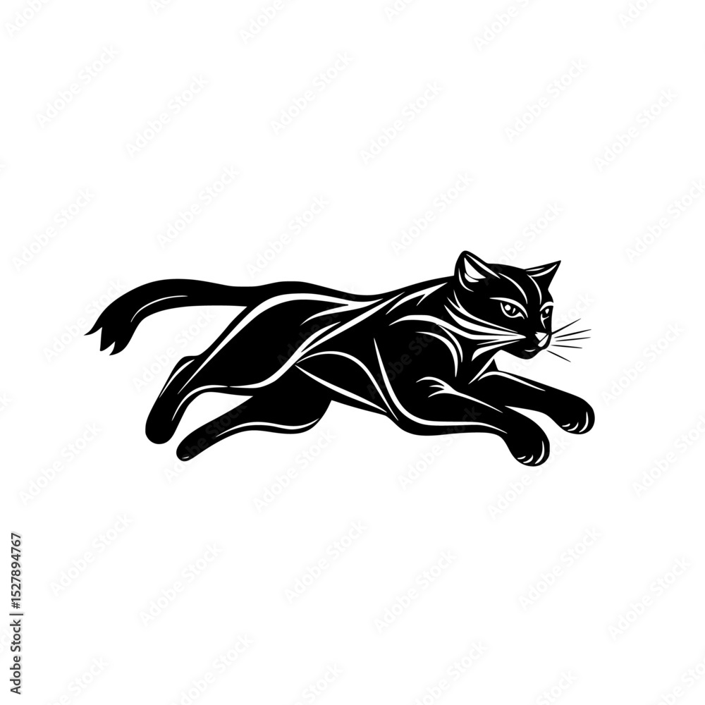 Obraz premium black silhouette of a cat running on a white background black, cat, illustration, logo, run, silhouette, style , Generative art.