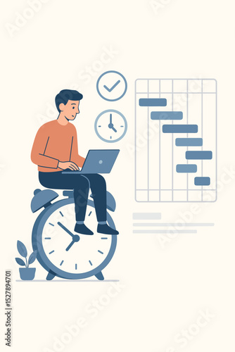 Man with laptop on alarm clock. Project management concept with Gantt chart. Time management, productivity, and deadline planning. Business workflow organization and efficiency vector.