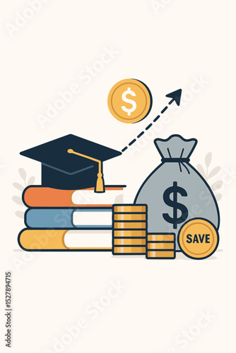 Education savings plan concept. Tuition cost and student loan investment. Graduation cap on books with money bag and coins. College fund, scholarship and financial planning.