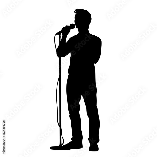 a black silhouette of a man singing a song into a microphone black, man, microphone, silhouette, singe, singer, song, stand , Generative art.