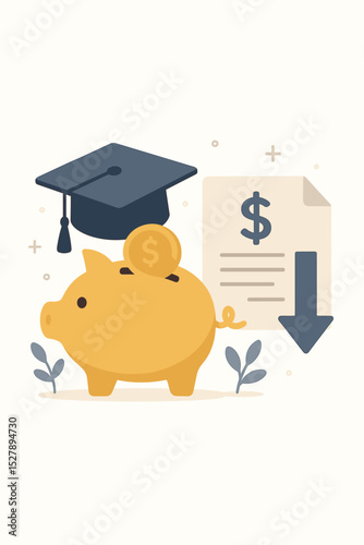 Tuition cost savings concept. Piggy bank with graduation cap and dollar coin. Education fund, investment, and student loan payment. University fee reduction vector illustration.
