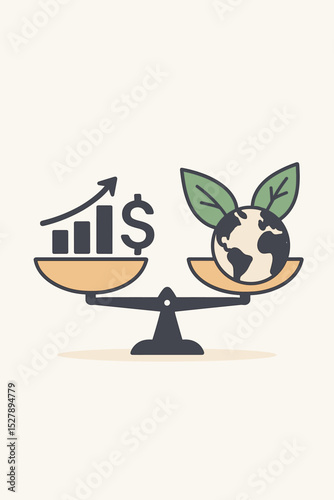 Ecology and economy balance concept. Scales weighing money growth chart and green planet Earth. Metaphor for sustainable development, ESG, environmental protection, CSR. Vector.