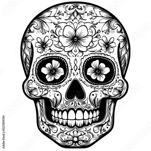 black and white skull with floral ornament for day of the dead black, dead, draw, floral, flower, ornament, skull , Generative art.