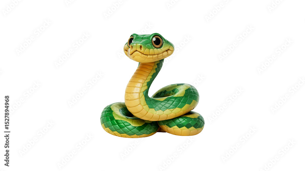 Fototapeta premium A coiled green and yellow snake figurine on transparent background