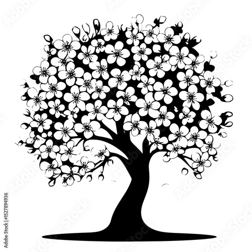 black silhouette of a tree with flowers on a white background apple tree, black, cherry blossom, flower, silhouette, tree , Generative art.