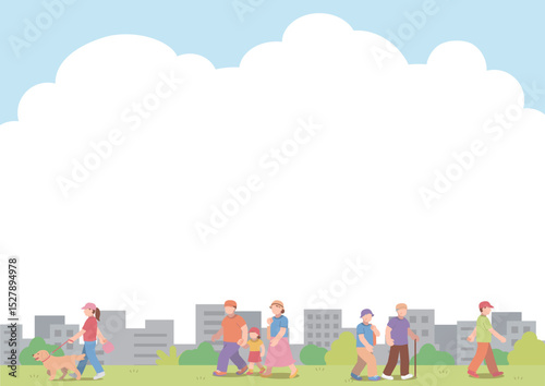 土手を歩く人達と街並みのイラスト