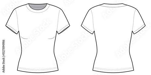 Slim Fit Round Neck T-shirt Short Sleeve - Front and Back View-Technical Illustration-Vector/ Cad Illustration 