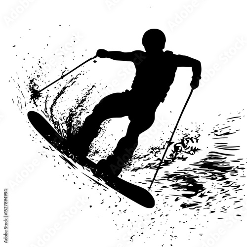 a black and white drawing of a person riding skis on a wave of water black, drawing, man, person, ride, silhouette, ski, skier, water, wave , Generative art.