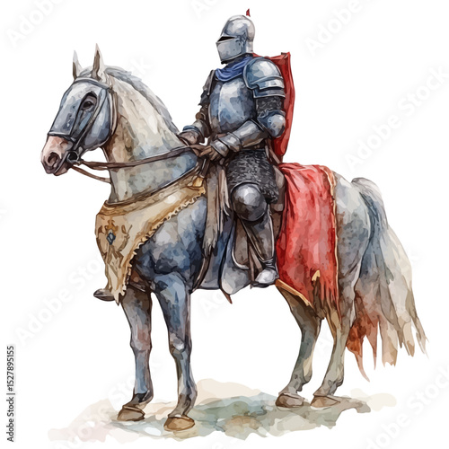 Mounted Knight, watercolor illustration vector, high quality, isolated on a white background.