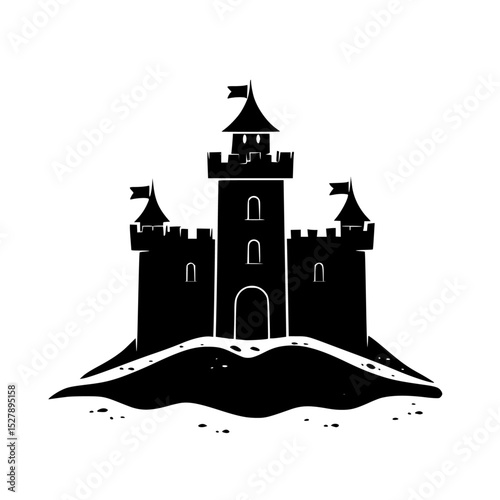 castle on a hill with flag icon in black style isolated on white background black, castle, flag, hill, icon, island, silhouette, style , Generative art.