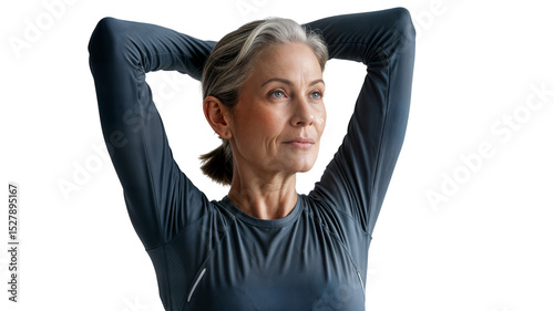 Woman in athletic wear with hands behind head looking off to the side on transparent background